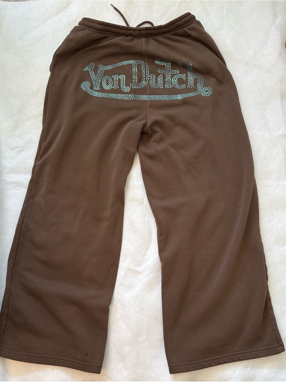 Von Dutch Track Pants Brown with Teal Side Stripes Rear Teal Rhinestones Large